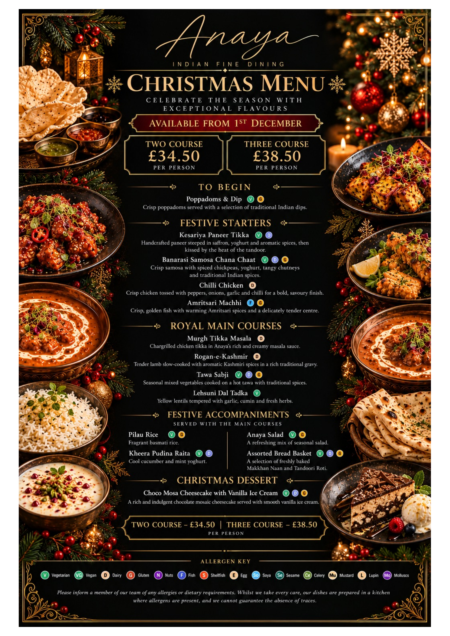 Anaya Christmas menu — full printed menu, prices and allergen information