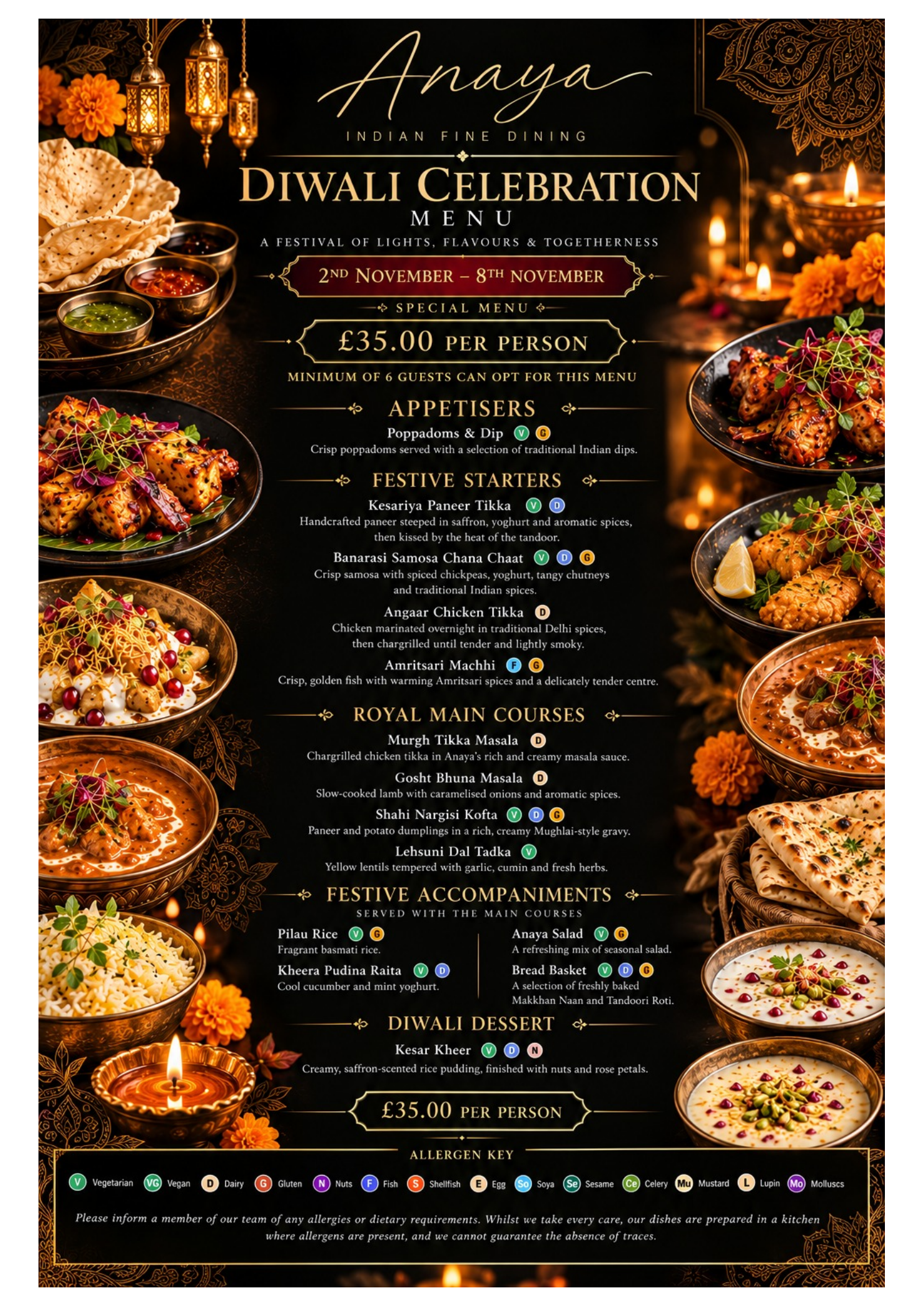 Anaya Diwali menu — full printed menu, prices and allergen information